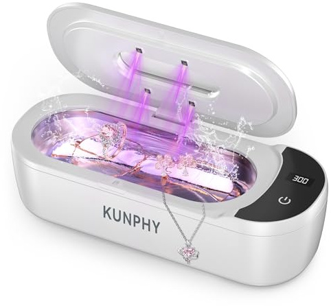 KUNPHY Ultraschallreiniger U-V 400ml für Brillen & Schmuck | 4 U-V Lampen und Display, 20oz Tank, Ultraschallreinigungsgerät mit 48kHz, Dual-Modus(5/10min), Ultra-leise<45dB,Weiß