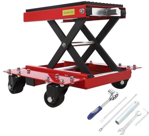 Cric de Levage Moto Robuste 544 kg-Plateforme en Caoutchouc Anti-Dérapante | Chariot Ciseaux à Roulettes & Broche de Sécurité – Idéal pour Réparations