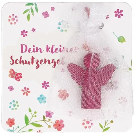 Engel-Figur zur Kommunion: Handschmeichler und Glücksbringer aus Feinmetall in pink-matt zum Aufstellen, auf Backcard im Organzabeutel. Ideal als christliches Geschenk