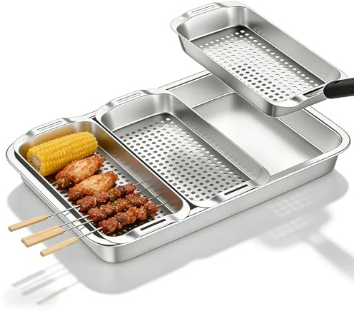 5 Stück Grillkorb Set, Grillschale Edelstahl, Edelstahl Bbq Grillschalen, Grillpfännchen Für Gasgrill Mit Ölnebelabstreifer, BBQ Grill Zubehör Mit Löchern Für Gemüse, Fleisch, Schrimps, Käse Und Brot