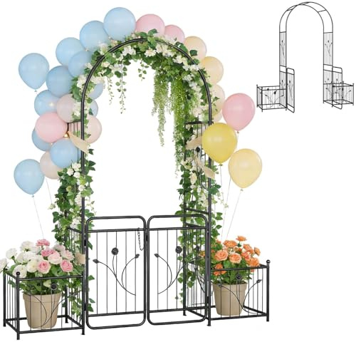Aufun Rosenbogen mit Tür 220 cm, Metall Gartenbogen mit Rankgitter & 2 Pflanzkästen, Abschließbares Gartentor, Pulverbeschichteter Stahl, Rankhilfe für Kletterpflanzen, Hochzeit & Garten, Schwarz