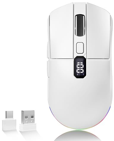 Uciefy U8 Bluetooth Wireless Mouse for Laptop, USB C Rechargeable - White | 2.4GHz&BT5.1/5.0, Battery Level Visible, LED Screen Display, RGB Effects, Ergonomic, Side Buttons, 70g Lightweight, 2400 DPI