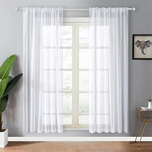 Topfinel 2 Panneaux Rideau Passant Tringle 140x240cm Voilage Blanc Transparent en Effet Lin Décoration d'intérieur de Fenêtre de Salon Chambre Cuisine et Sam
