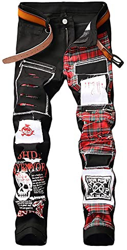 Enrica Men's Ripped Distressed Slim Fit Jeans with Patches - Black - 34