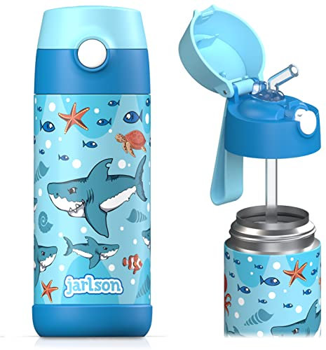 Jarlson® Trinkflasche Kinder Edelstahl CHARLI mit Strohhalm - Thermosflasche 350ml - TÜV geprüft - BPA frei - auslaufsicher - Thermo Wasserflasche für Schule, Kindergarten (Haie)