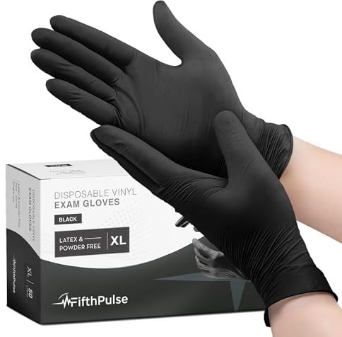 FifthPulse Black Vinyl Disposable Gloves X Large 50 Pack - Latex Free, Powder Free Medical Exam Gloves - Surgical, Home, Cleaning, and Food Gloves - 3 Mil Thickness