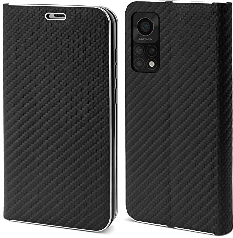 Moozy Hülle für Xiaomi Mi 10T 5G, Mi 10T Pro 5G, Schwarz Carbon – Metallischer Kantenschutz Klapphülle Handyhülle mit Kartenfach und Standfunktion