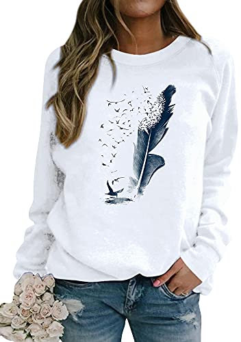 Dresswel Pullover Damen Feder Drucken Sweatshirt Langarmshirt Rundhals Langarm Shirts Herbst Winter Pulli Tops Oberteile Bluse(Weiß,M)