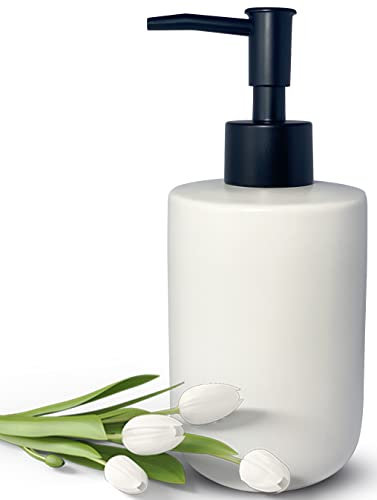 Weißer Seifenspender mit mattschwarzer Pumpe für Badezimmer, minimalistisches, modernes Design, zylindrischer Lotionspender, 340 ml, Keramik-Handspender, nachfüllbarer Flüssigkeitsspender für die
