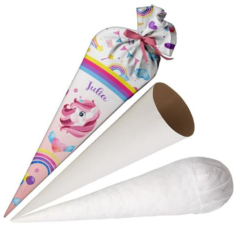 Ferocity Schultüte Einhorn für Mädchen, Personalisierte Tüte, 70 cm Zuckertüte aus Stoff mit Namen, runde Papprohling und Füllung aus Silikonkügelchen, große Tüte als Kissen [149]