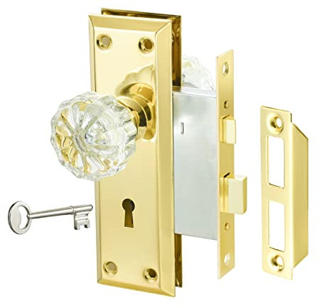 newliplace Mortise Lock Set with Crystal Glass Knob, Gold Antique Door Knobs with Lock and Key, Fit Interior Door, Polished Brass Finish