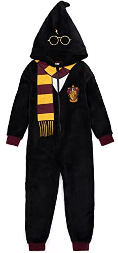Harry Potter Kids Onesie in Black | All in One Pyjama Loungewear For Boys & Girls | Hogwarts Gryffindor Wizard Hat Hood Uniform PJ | Scarf Glasses Soft Fleece with Zip | Childrens Merchandise Gift