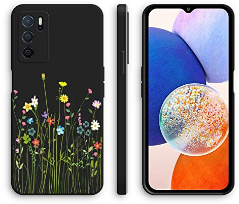 XINYEXIN Silicone Case for Oppo A16 / Oppo A16S / Oppo A54s with Cute Pattern Slip Resistant Slim Fit Shockproof Protective Phone Case Cover - Flowers, Black