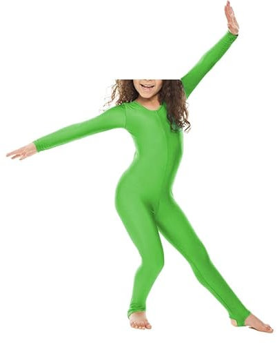 Prime fashions - Girls Shiny Nylon Long Sleeve Stirrup Catsuit - Full Body (Green, 13-14 Years)