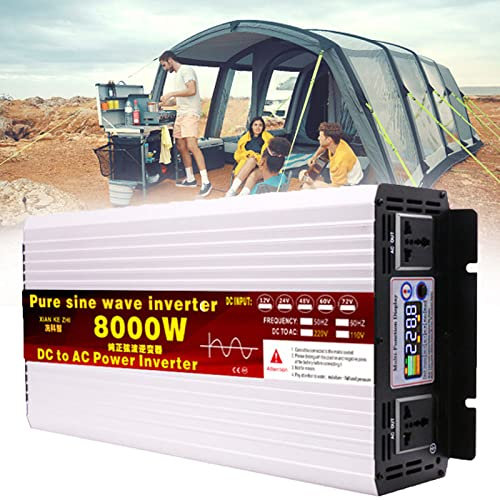 Pure Sine Wave Power Inverter 6000/7000/8000/12000W DC 12/24/48/60V To AC 220V Converter Car Power Inverter with Lcd Display Smart Cooling Dual Fan,Rice Cooker,Electric Frying Pan,12V-8000W