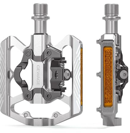GEWAGE SPD Fahrradpedale,2 in1 Doppelfunktions Flach und SPD Pedale mit Reflektor,9/16 Zoll CrMo Schaft für MTB Fahrräder, Rennräder und E-Bikes (Silber)