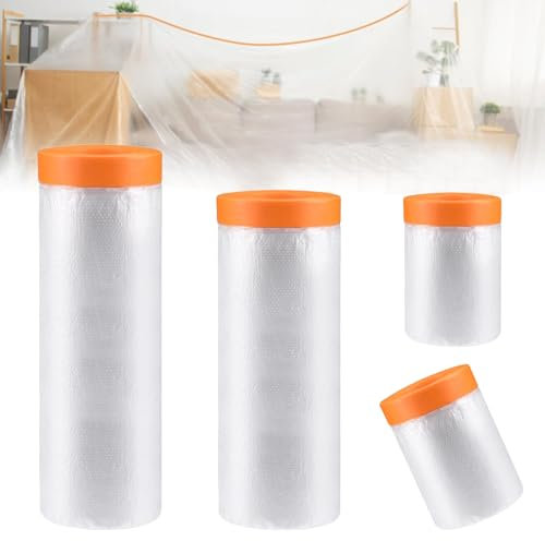 MQWDGJ Rollen Abdeckfolie mit Klebeband, 4 Stück Klebeband mit Folie, Abdeckfolie Selbstklebende, mit Transparent AbdeckFolie Malerkreppband zum Streichen Perfekt für Innen 2 Größen