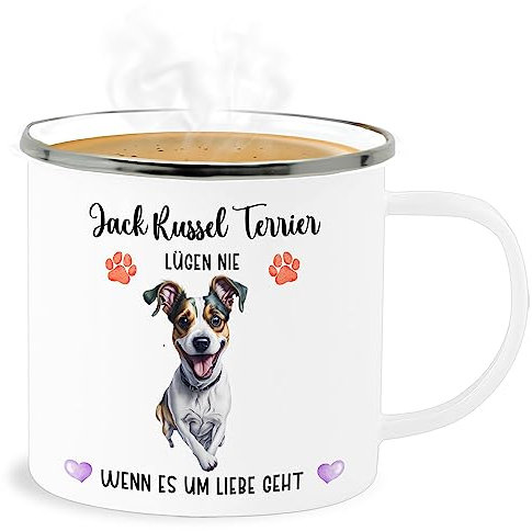 Emaille Becher Blechbecher - Hunde - Jack Russel - Geschenk Hundebesitzern - 300 ml - Weiß Silber - hundebesitzer russell tasse hund terrier tassen hundemotiv kaffeebecher hunden hundemotiven