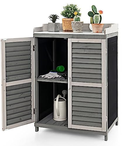 RELAX4LIFE Armario de Jardín de Madera Con Encimera de Metal, 3 Puertas Enrollables y 2 Estantes, 2 Puertas de Láminas - Para Balcón