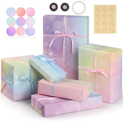 Bigqin 6 pezzi di carta da regalo, carta da regalo con set di cielo stellato colorato con motivi squisiti, 6 adesivi, 2 rotoli di nastro, carta da regalo per scatole regalo per feste (70x 50 cm)