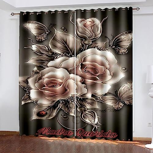 Blickdichter Vorhang, Graue Rosa Rose X 2 Verdunkelungsvorhang Für Kinderzimmer, 3D-Drucke Mit Ösen, Für Wohnzimmer Schlafzimmer Esszimmer, Büro, E