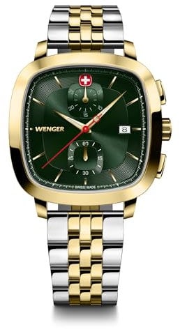 WENGER Herren Armbanduhr Vintage Classic Chrono Ø 40 mm, Swiss Made, Analog Quarz, Wasserdicht bis 50 m, Edelstahl-Armband, Grün/Silber/Gold, 01.1933.105