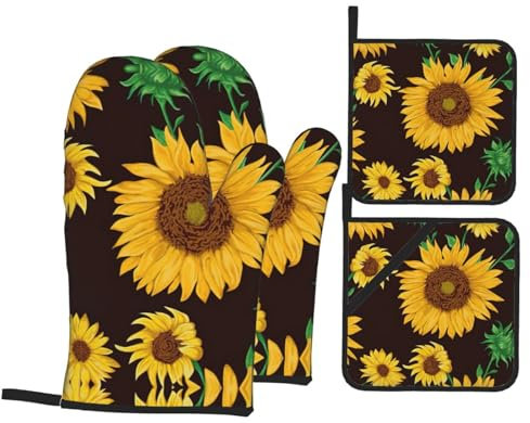 Set di guanti da forno con stampa di girasole, presine da forno, antiscivolo, per grigliare e barbecue