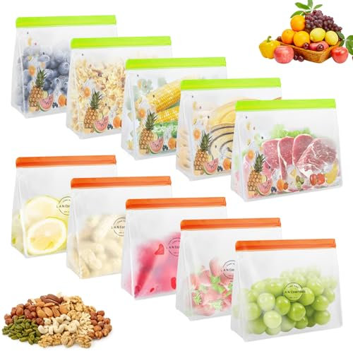 10 Stück Gefrierbeutel Wiederverwendbar Silikon, Stand Boden Design Zipper Lebensmittel-Beutel, Aufbewahrungsbeutel Sandwichbeutel Küche Beutel für Gemüse Milch Snacks Fleisch