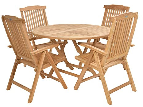 Rattanland® Gartenmöbel Set Holz, Klappbar Gartentisch mit 4 Stühlen (FSC® - zertifiziertes Teakholz) Möbelsets, Ausziehbar Gartentisch Rund, Möbel für Garten, Garden Furniture Sets