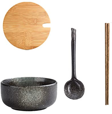 Ramenschüssel mit Henkel und Deckel,Instant-Nudels Vintage Ramen-Schüssel-Set mit Deckel, passende Essstäbchen, Löffel, 15,2 cm, Keramik-Suppenschüssel for Müsli, Reis, Suppe, Salat, Soba, 880 ml (Far