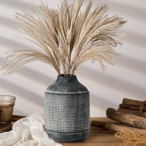 PORCER Schwarze strukturierte Boho-Keramikvase, rustikale Bauernhaus-Vase, hohe 18 cm große Blumenvase für Heimdekoration