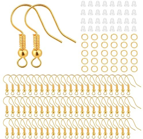 LQIOACU Ohrring Haken Set, Ohrringe Selber Machen Set, Ohrringe Basteln, 100 Ohrhaken + 100 Ohrstöpsel + 100 geschlossene Schlaufen, ideal zum Selbermachen von Ohrschmuck!