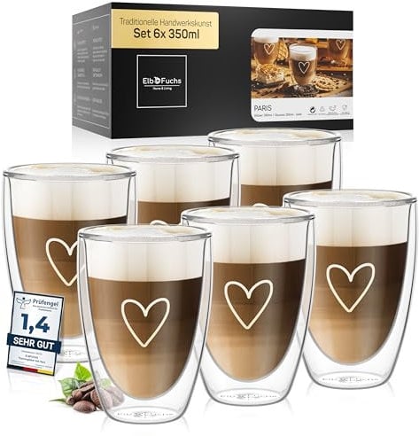 ElbFuchs® Latte Macchiato Gläser doppelwandig [6x 350ml] GESCHENKIDEE mit HERZ | Kristallklare Thermogläser doppelwandig | Ideal als Cappuccino Gläser | Kaffeegläser | Teegläser