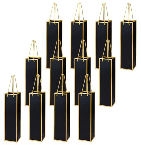 Wine Gift Bags Single Bottle, 12 Sturdy Reusable Paper Wine Carriers Tote with Gold Foil with Rope Handles Gift Bag for Wine Elegant Black for Christmas Gifts, Birthday Party, Housewarming