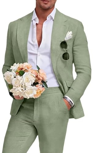 Aowdoy Leinenanzug für Herren, Slim-Fit, Sommer, Strand, Hochzeit, Kleid, Abschlussball, Party, Anzug, Blazer, Jacke und Hose, Beige, 2-teilig