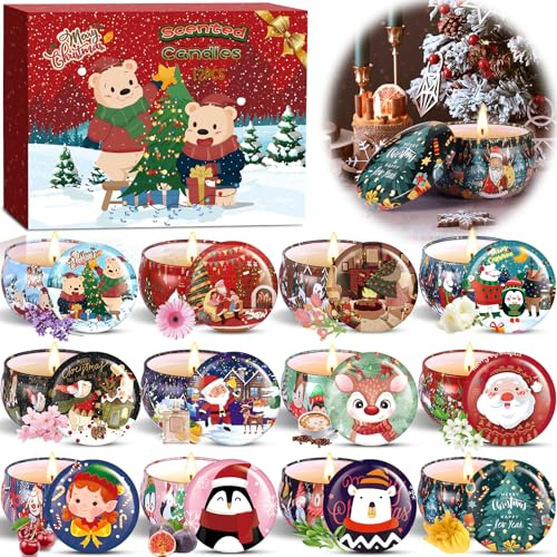 TEWWCEO Candele Profumate Regalo di Natale 12 pezzi Candele Set per Aromaterapia Candela Aromatica di cera di soia naturale con coperchio, Decora il Natale, Regalo per Donna, Mamma, Amici