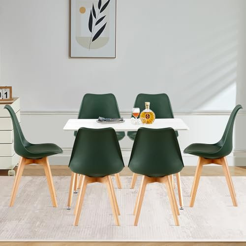 FURNITABLE Esszimmergruppe Esstisch mit 6 Stühlen Essgruppen, Rechteckig 110cm Küchentisch-Set und 6er Set Esszimmerstühle für Wohnzimmer Küche Büro (Weiß Tisch+6 Mattes Dunkelgrün Stühle)