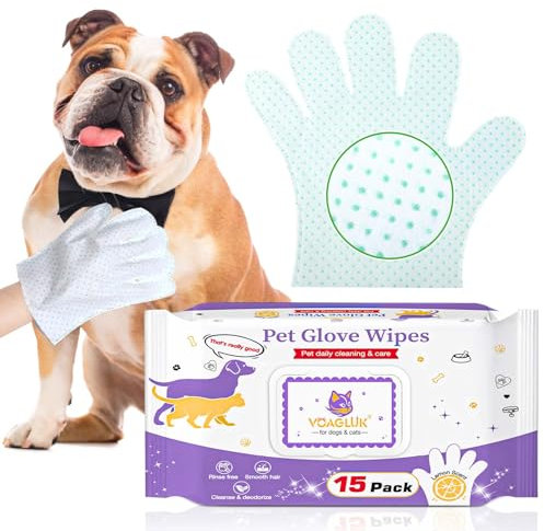 ALWZ-RDY 15pcs Pet Cleaning Glove Wipes for Dogs & Cats, Extra Thick Disposable Grooming Wipes Lick Safe, Deodorizing No Rinse Dog Shampoo Dry Cleaning Gloves for Fur Butt Paw Face and Ear