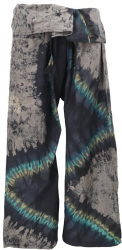 GURU SHOP Batik Thai Fischerhose aus Baumwolle, Wickelhose, Yogahose - Schwarz/grau, Herren/Damen