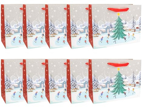Idena Geschenktüten Winter, 10 Stück, 26 x 20 x 11 cm | Papiertüten in Rot-Weiß mit Schnee und Weihnachtsbaum, Geschenktaschen, 90921