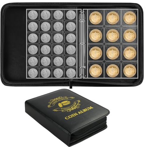 Vicloon Álbum Colección de Monedas con 420 Bolsillos, Archivador de Almacenamiento de Monedas con Cremallera, Organizador de Monedas de 15 Páginas 35 * 35 mm+5 Páginas 45 * 45 mm, para Coleccionistas