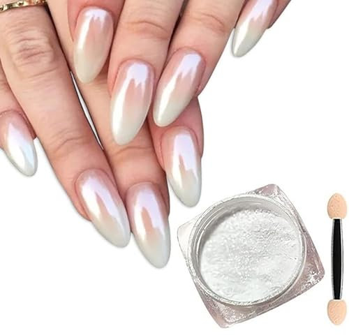 White Pearl Chrome Nail Powder - Glossy, Iridescent & Mirror Effect - DIY Nail Art Accessory with Clear Ice Gloss and Metallic Pigments
