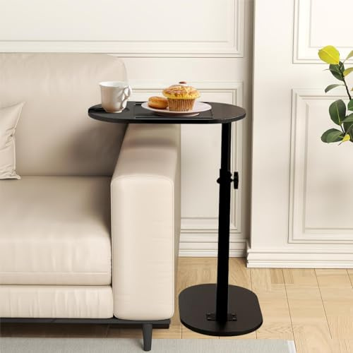 Uptyia Mesa Auxiliar Regulable en Altura con Bandeja de Bambú | Mesa de Centro Ovalada, Mesita de Noche para Sofá, Dormitorio u Oficina, Negro, Altura ajustable de 40 a 82 cm