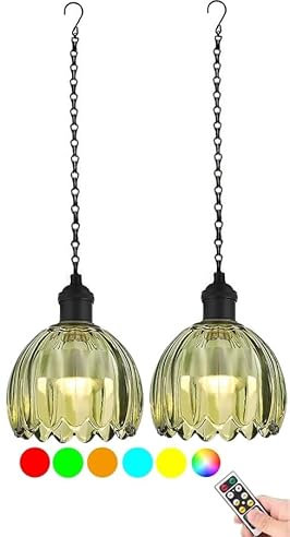 Battery Operated Pendant lights with Remote Set of 2,Outdoor Rechargeable Battery Powered Chandelier Waterproof,Mini Glass Green Tulip RGB Color Hanging Light Fixture for Gazebo Pergola Porch Patio(Gr