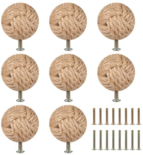 Y G M YIGEMAO Juego de 8 tiradores tejidos hechos a mano con tornillos, cuerda de cáñamo rústico, pomos redondos de yute natural para cajones de tocador, cocina y muebles