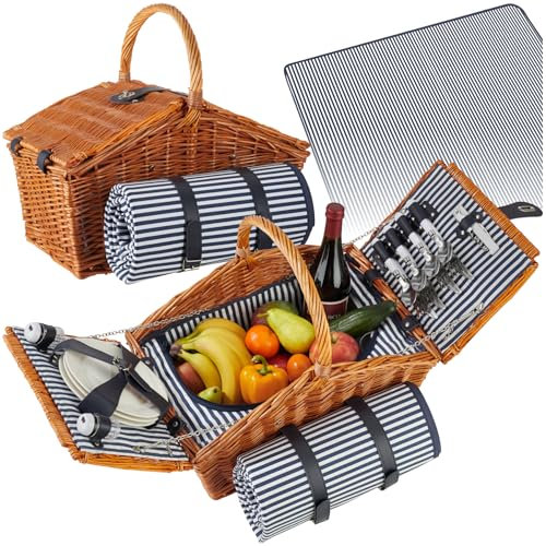tectake® Panier en osier avec couvercle pique nique Set complet 4 pers. avec Nappe Assiettes Couverts Tire bouchon Verres à vin incassables Sac isotherme salière et poivrière pour Jardin camping plage