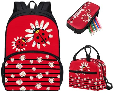 Tuoxiukan 3-teiliges Rucksack-Set für Mädchen und Jungen, mit Lunchbox, Federmäppchen, Marienkäfer-Gänseblümchen, Modern