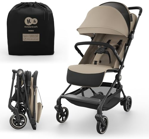 Kinderkraft NEBO Cabin Stroller Ultralight, one-Hand fold, self-Standing When Folded, Cabin-Size 51×43×21 cm, Shoulder Strap + Travel Bag, Lie-Flat Recline, 5-Point Safety Harness, Beige