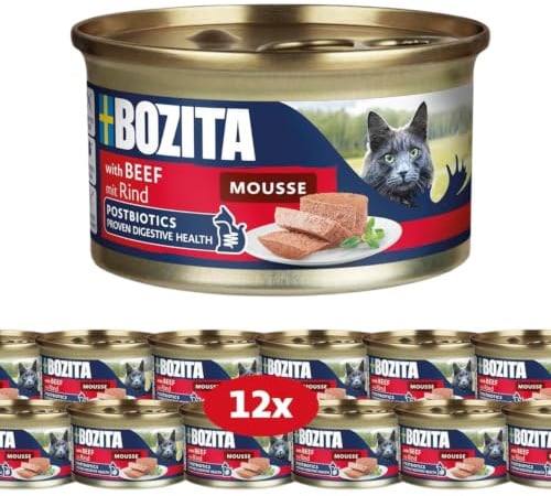Bozita Mousse nötkött – 12 x 85 g våtfoder för katter i fin moussetextur med nötkött – kornfritt recept, utan tillsats av socker – med postbiotika för att stödja en hälsosam tarmflora