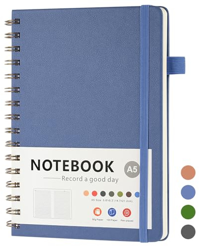 OSDUE Cahier à Spirale A5 avec Intercalaires, Bleu 200 Pages Cahier Ligné Détachables Lignées Couverture Rigide en PU pourTravail Bureau et École Bureau et Cadeaux, 22 * 16 * 2cm